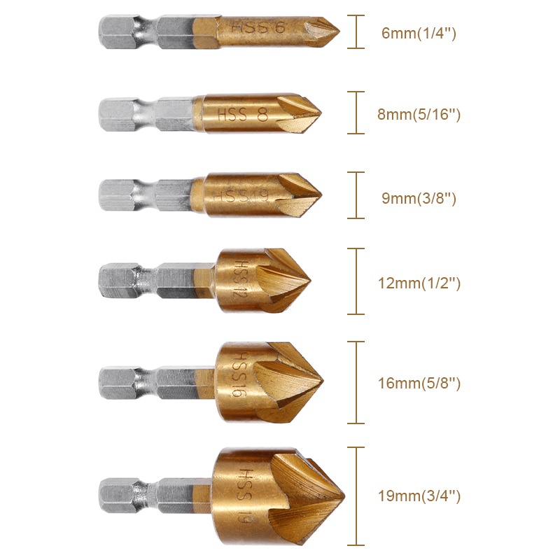 Bộ 6 mũi khoan thân lục giác HSS vát mép 6mm-19mm 1/4 inch khoét lỗ sáo 90 độ YYDS shop