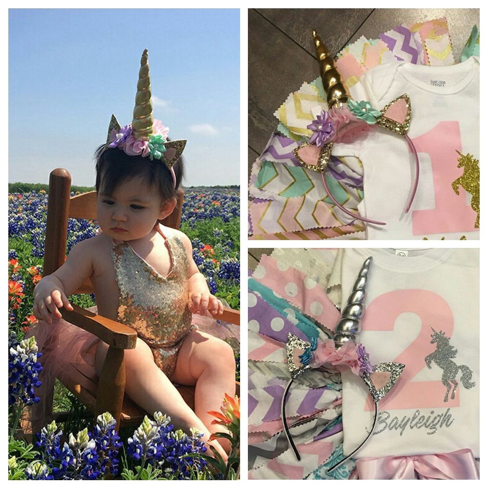 Băng đô cài tóc gắn sừng kỳ lân đính kim tuyến long lanh