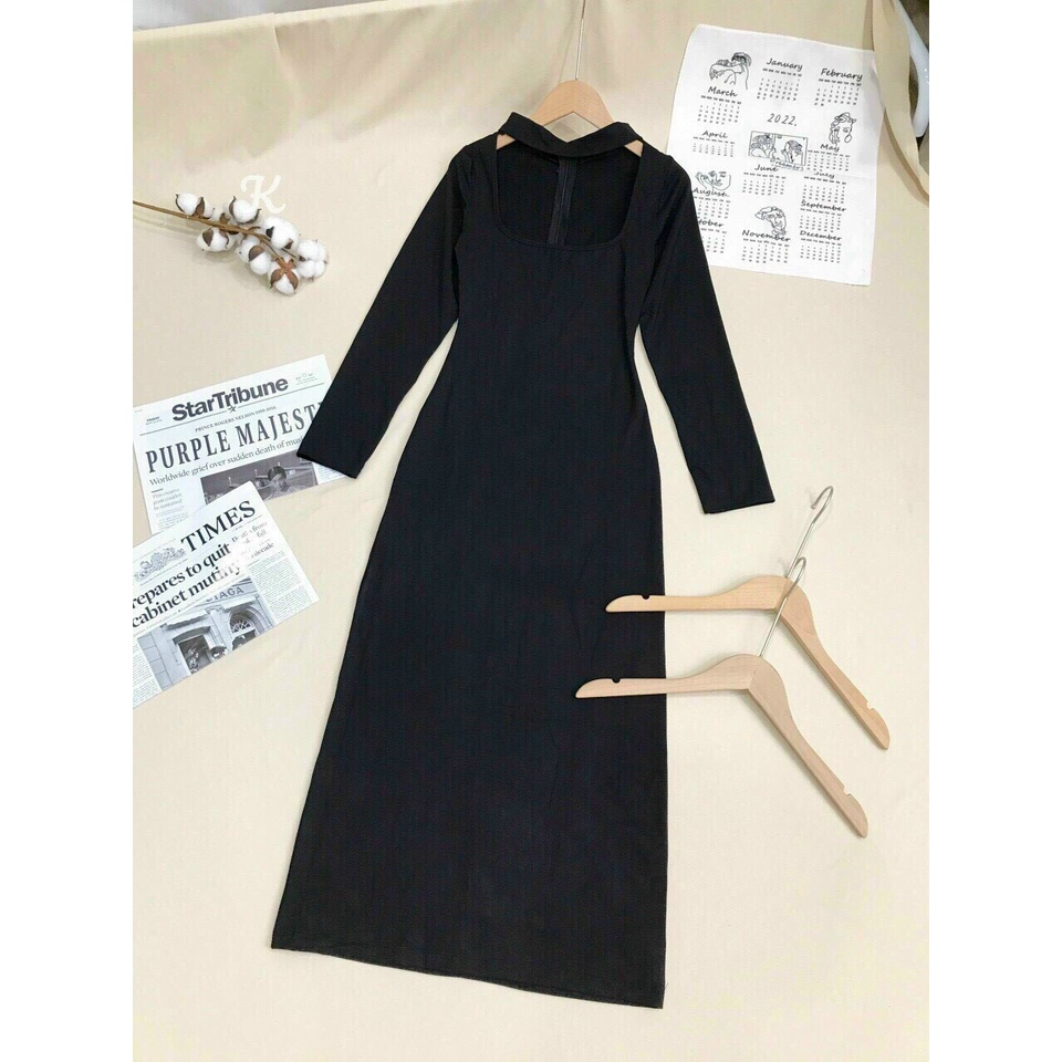 [ Miễn phí ship 2022 ] Đầm suông body tay dài, đầm đen ôm body cổ vuông choker tôn dáng,  dạo phố phong cách HQ