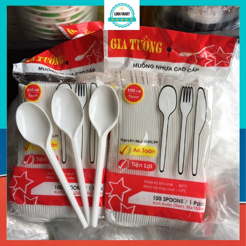 Thìa nhựa Gia Tường gói đủ 100 chiếc, Thìa nhựa dùng một lần LINHMART
