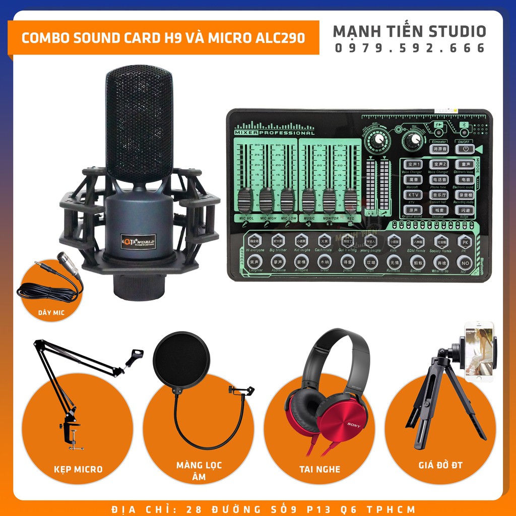 Trọn bộ combo thu âm livestream karaoke soundcard H9 micro ALC290 tặng full phụ kiện cao cấp bảo hành vàng 12 tháng