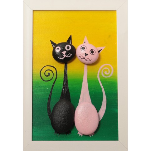 Tranh đá cuội 2 chú mèo dễ thương, [Handmade][Tranh tự vẽ] Tranh decor, trang trí bàn học/làm việc - MNIAC - TĐSHNM23025