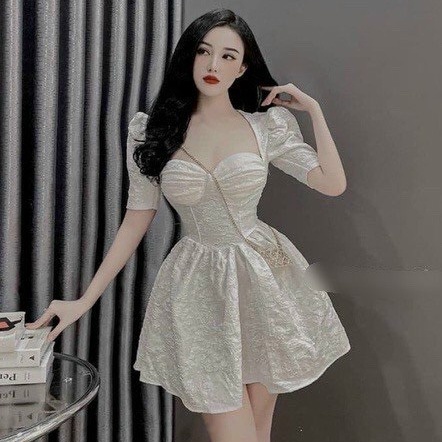 Đầm dự tiệc tay phồng dáng xòe cô tim đầm gấm sang chảnh phong cách công chúa dễ thương sexy