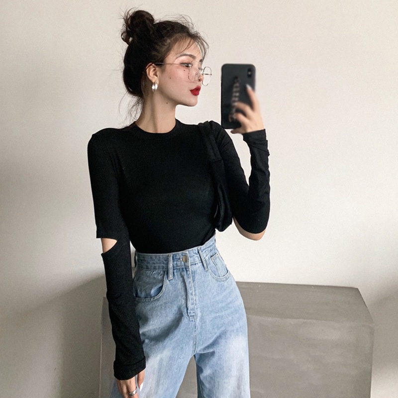 Áo thun tay dài cổ tròn màu trơn thời trang cho nữ