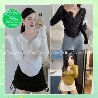 [Hàng chuẩn] Áo len tăm cúc túi ngực ❣️Áo len tăm body dài tay tôn dáng- hinhin