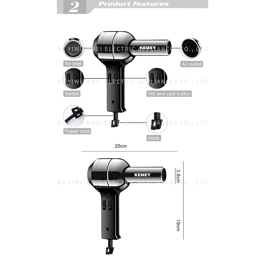 Máy sấy tóc Kemei chuyên nghiệp như salon có đầu sấy 2 cấp nhiệt 2 tốc độ công suất cao 4000W thân kim loại