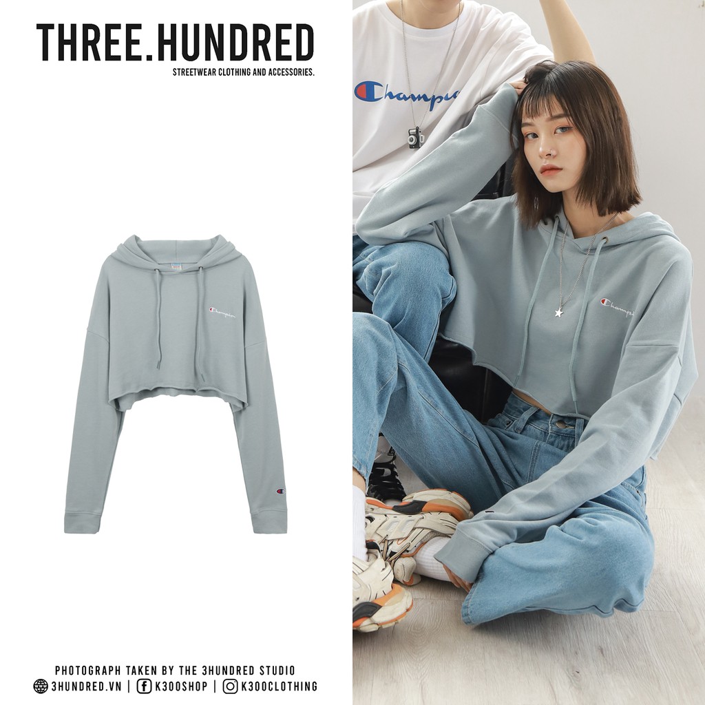 Áo Croptop Hoodie Nữ Thêu Chữ Champion Form Đẹp-Đường Thêu Tỉ Mỉ-Vải Nỉ Da Cá Thoải Mái-Màu Xanh Blue Nhạt Dễ Phối Đồ