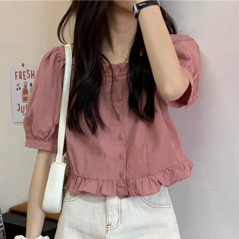 Jiashucheng Áo Sơ Mi Ngắn Tay Lưng Cao Phối Bèo Ngọt Ngào Thời Trang Mùa Hè Phong Cách Mới Cho Nữ