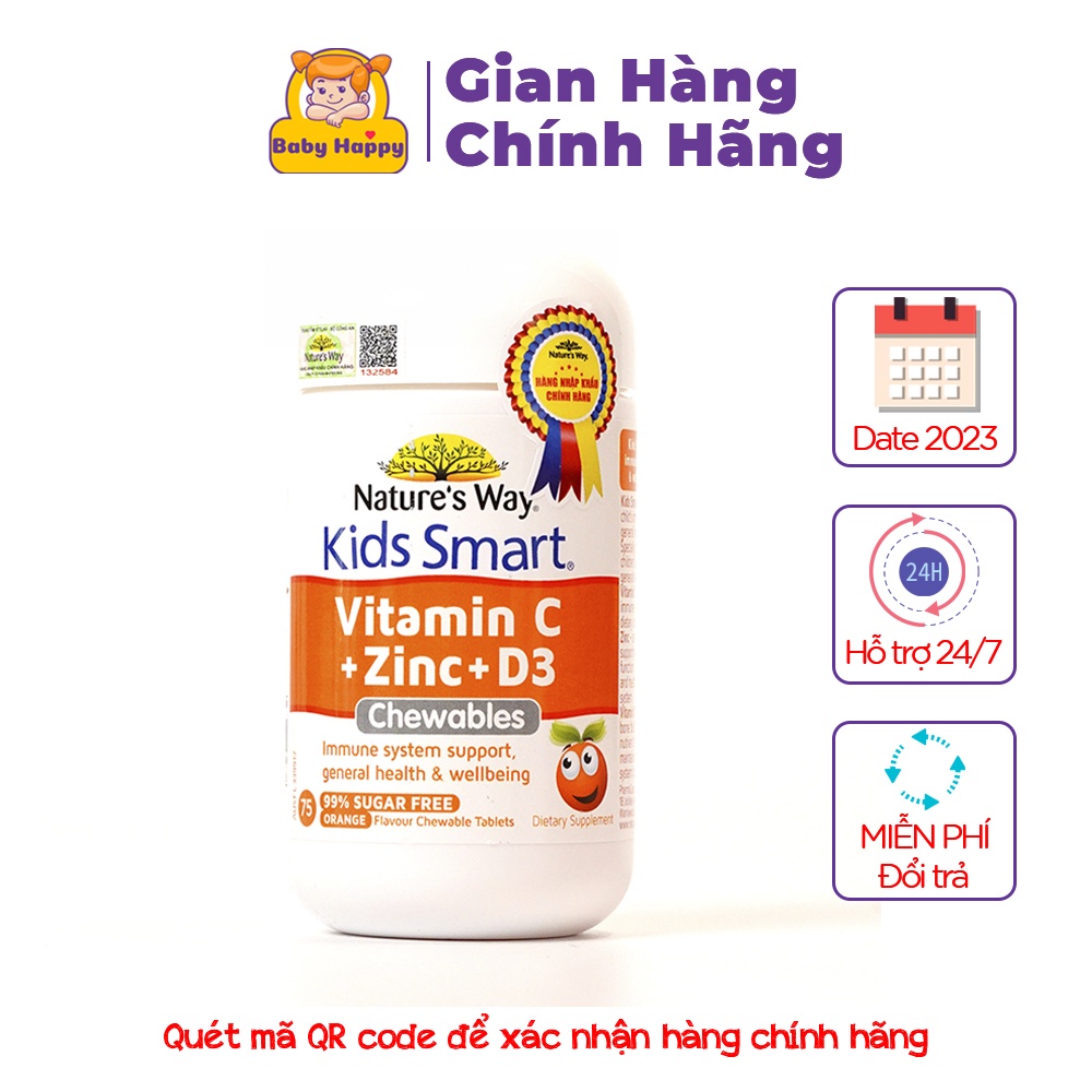 Viên Nhai Nature’s Way Kids Smart Vitamin C+ZinC+D3 Chewable Tablets Bổ Sung Vitamin Cho Bé Phát Triển Toàn Diện 75 Viên