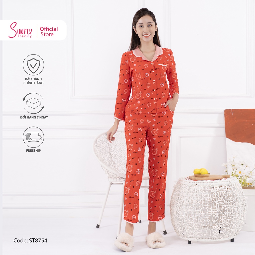 Bộ đồ mặc nhà nữ pijamas Linen SUNFLY áo dài quần dài ST8754