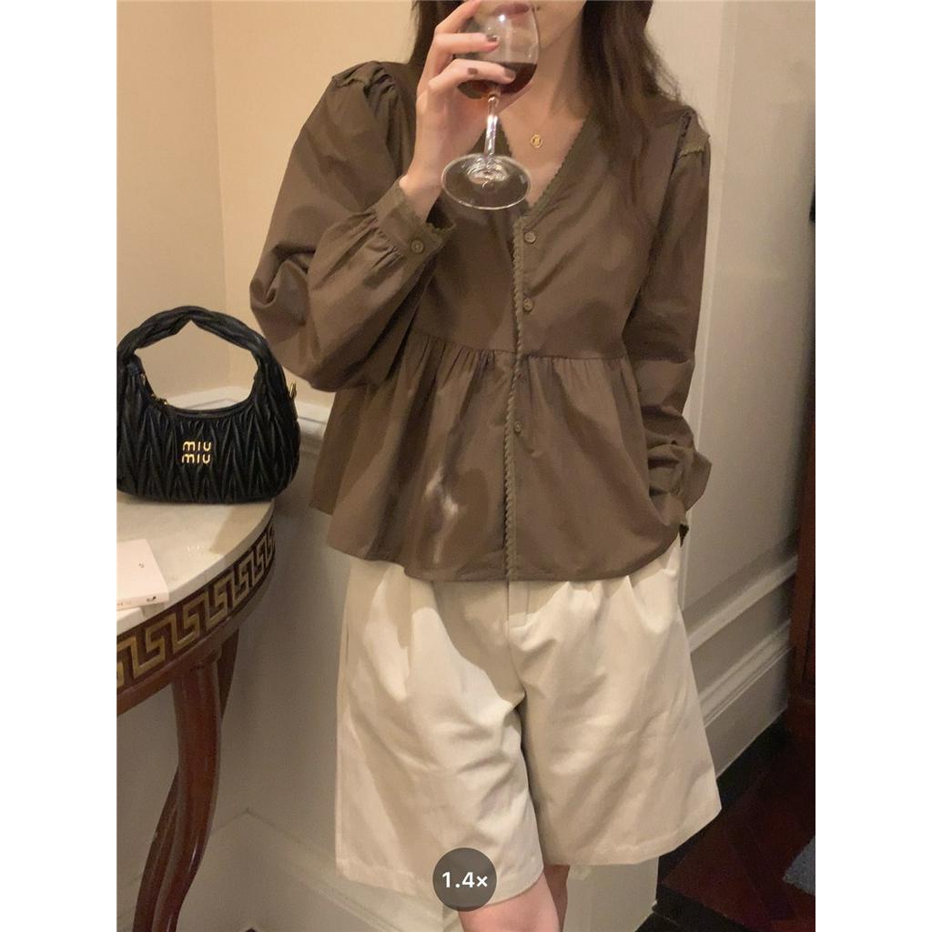 Áo Sơ Mi Dài Tay Rộng Cổ Chữ V Khâu Ren 60921