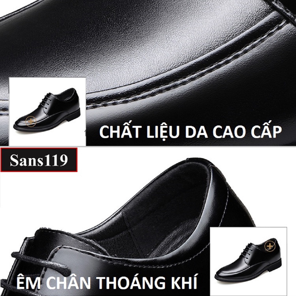 Giày tăng chiều cao nam da bò Sans119 độn đế 8cm công sở cao cấp buộc dây tây đen chú rể mặc vest size nhỏ 37 mũi tròn