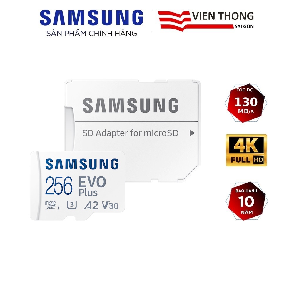 Thẻ nhớ microSDXC Samsung Evo Plus MB-MC256KA 256GB upto 130MB/s C10 U3 kèm Adapter (Bảo hành 10 năm)