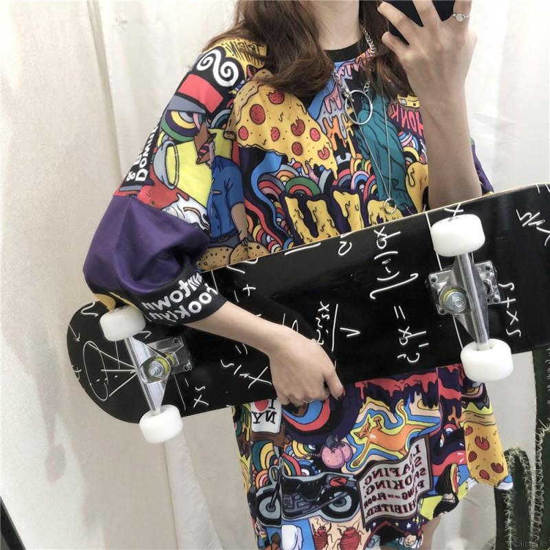 Áo thun dáng rộng cổ tròn hoạ tiết Graffiti phong cách Harajuku