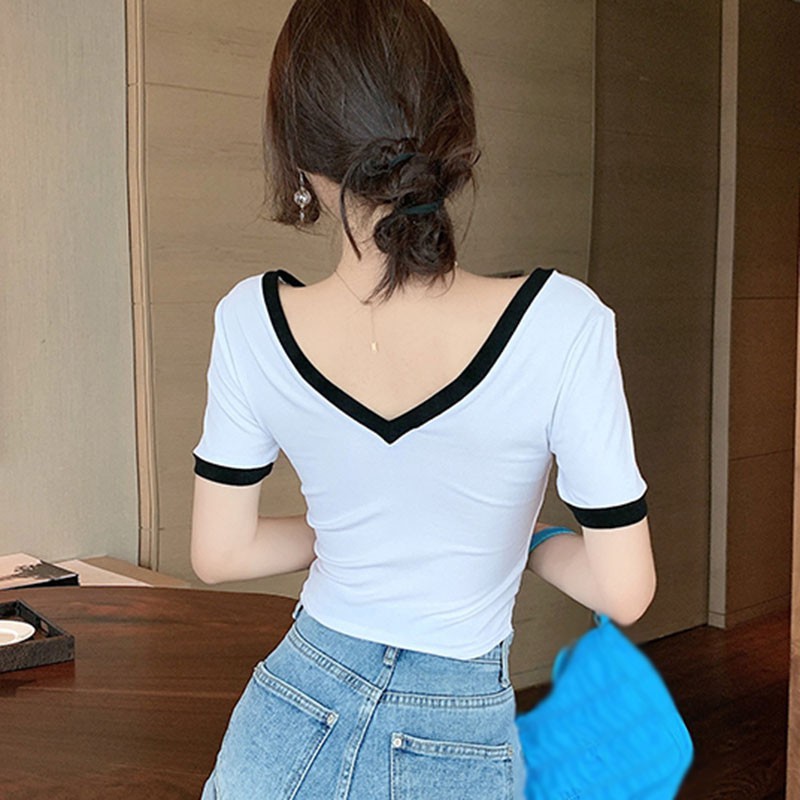 Áo Croptop Tay Ngắn Cổ Chữ V Thiết Kế Quyến Rũ Thời Trang Cho Nữ