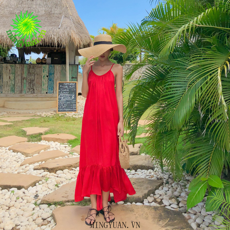 ( Mingyuan ) New beach dress red backless dress long skirt
