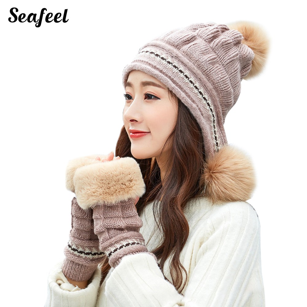 Set 3 Nón Len Trùm Đầu Và Găng Tay Len Dày Ấm Áp