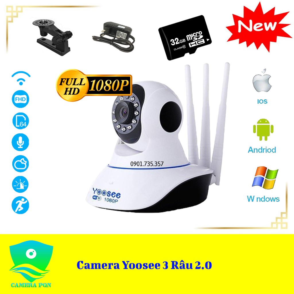 Camera Yoosee 3 Râu 2.0 Full HD 1080P Cực Nét - Kèm Thẻ Nhớ 64GB