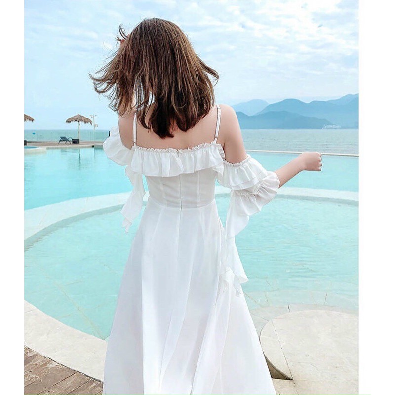 (miễn phí chỉnh váy) đầm maxi trễ vai nút bọc xẻ tà đi biển du lịch chụp ảnh sống ảo tiểu thư cực xinh | BigBuy360 - bigbuy360.vn