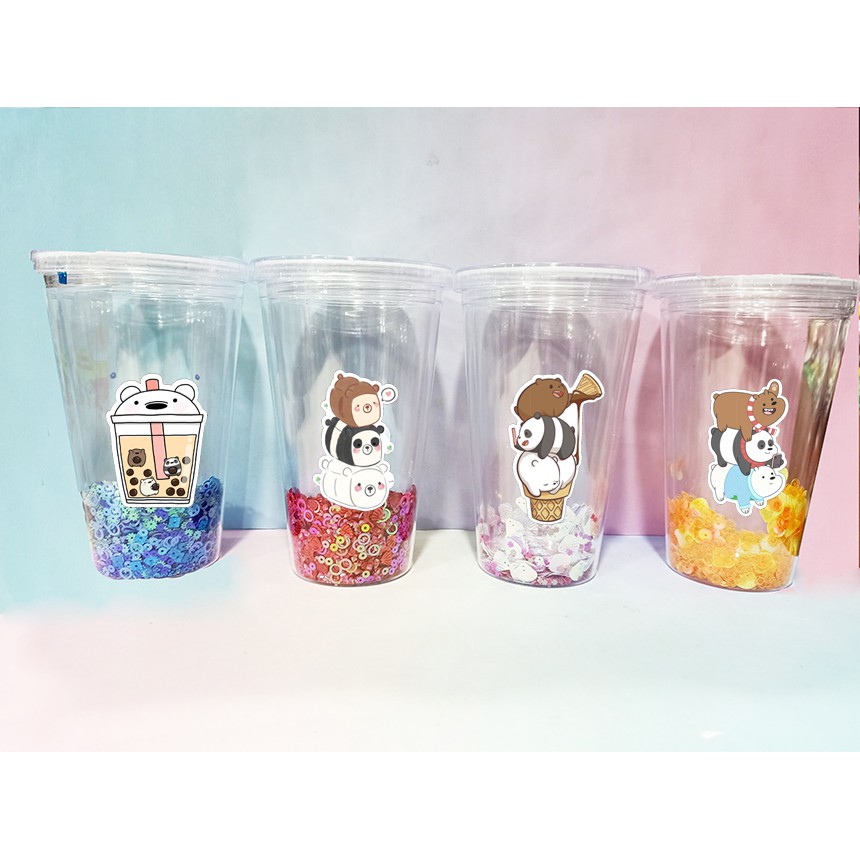 Cốc 2 lớp kim tuyến 3 anh em gấu CNKI1 cốc giữ nhiệt ly 2 lớp cốc làm lạnh dễ thương 500ml