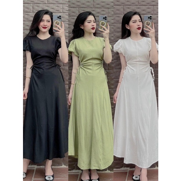 ĐẦM MIDI 4 MẢNH RÚT EO HÔNG CỔ TRÒN 3 MÀU