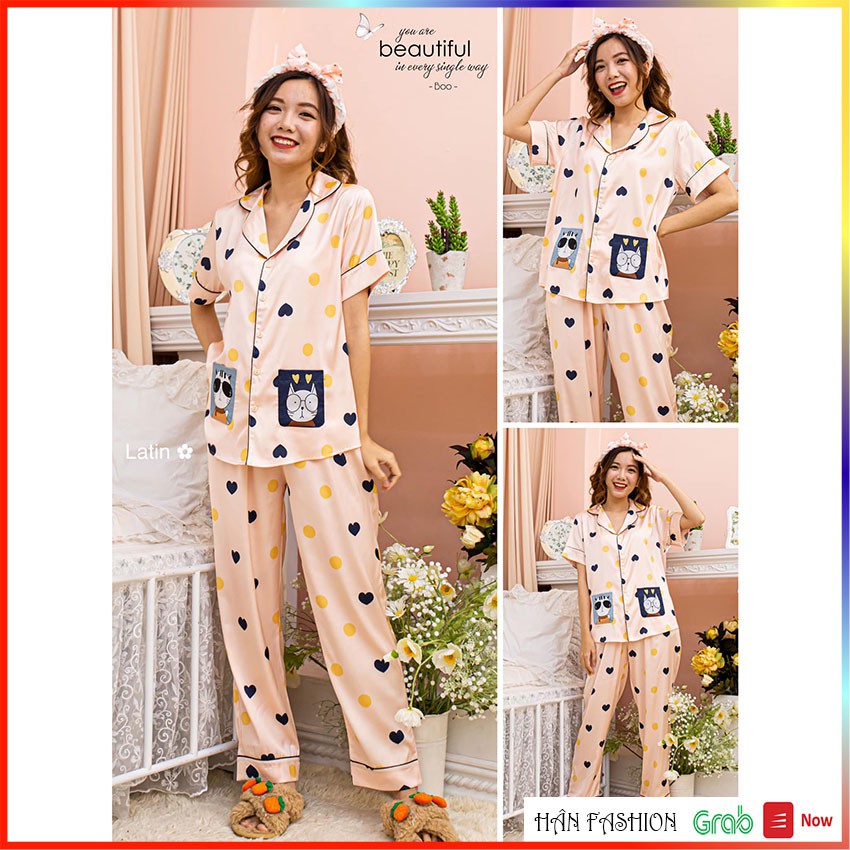 Đồ Ngủ Nữ – Bộ Ngủ Pijama Nữ Latin Cao Cấp Mèo 2 Túi Tay Ngắn Quần Dài | Hân Fashion | Ship Nhanh 2h