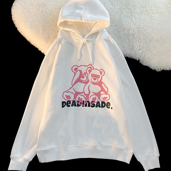 Áo hoodie ZHELIHANGFEI tay dài dáng rộng in hình gấu phong cách Preppy