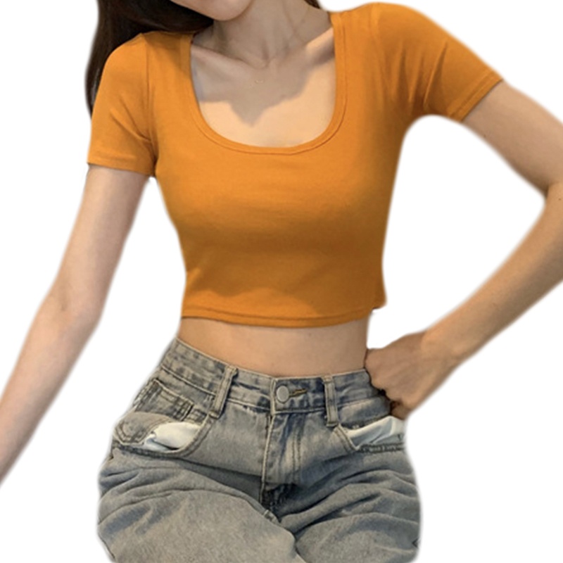 Áo Thun Ngắn Tay Cổ Vuông Màu Trơn Thời Trang Mùa Hè Cho Nữ