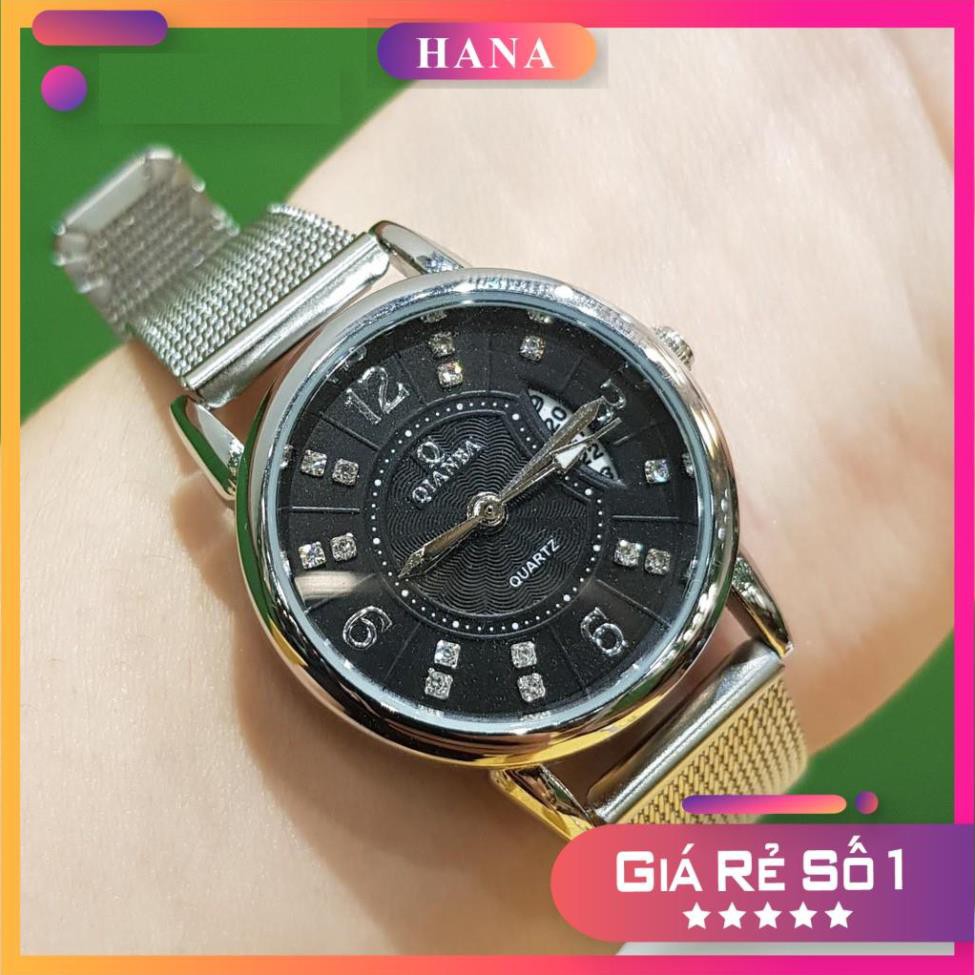 Đồng hồ nữ QB dây lụa kim loại màu bạc mặt đen có lịch chống nước cao cấp Tony Watch 68