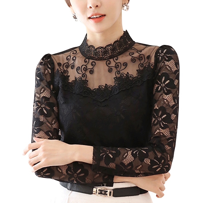 Áo Sơ Mi Chiffon Tay Dài Cổ Đứng Phối Ren Phong Cách Hàn Quốc Thời Trang Cho Nữ