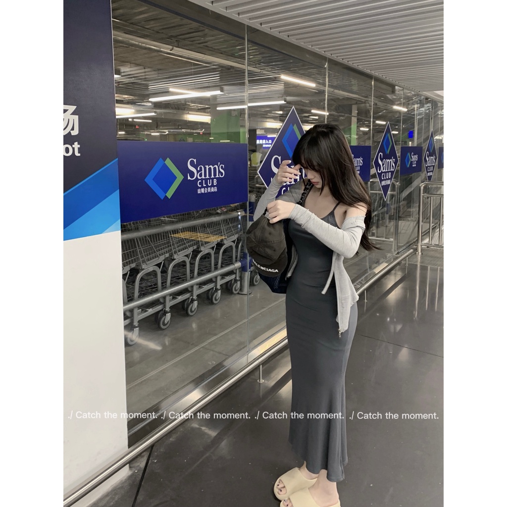 Đầm Ôm Hai Dây Màu Đen + Áo Khoác Thời Trang Mùa Hè Cho Nữ