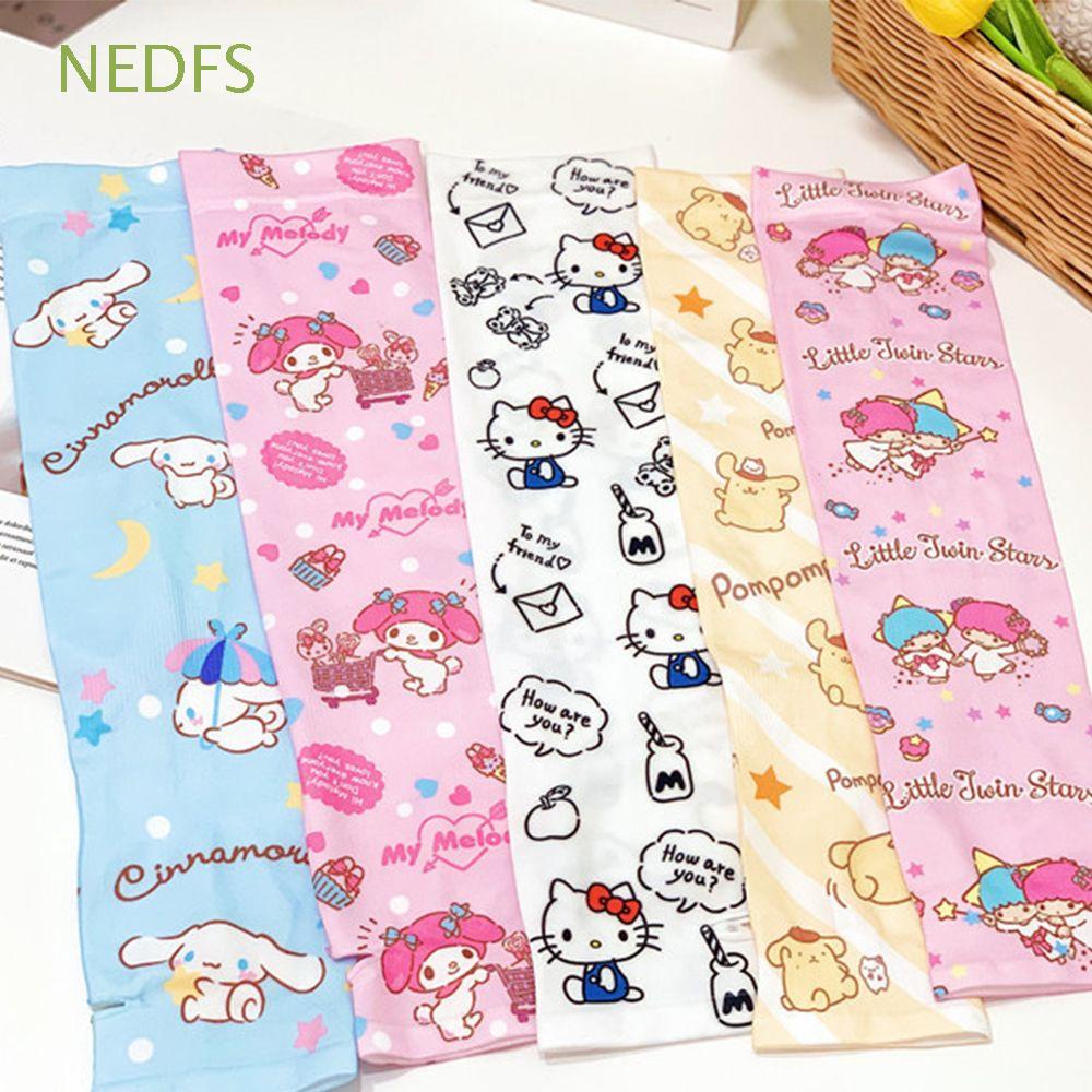 Găng Cánh Tay Chống Nắng Vải Lụa Lạnh Mềm In Hoạt Hình Mèo Kuromi Kitty Dễ Thương Cho Nữ