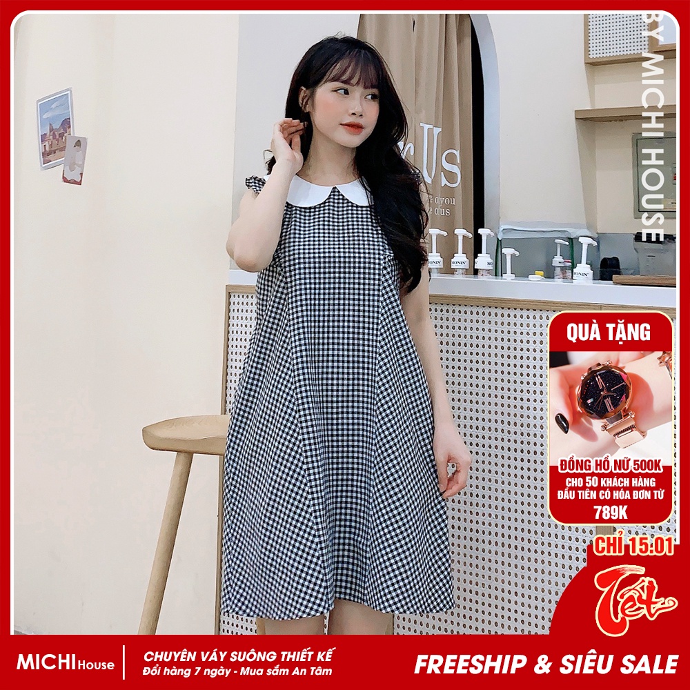 Váy Suông Kẻ Caro Dáng Ngắn Cộc Tay Sát Nách V276 MICHI House Đầm Bầu Cotton Freesize