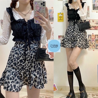 Set áo ren phối áo dây và chân váy xoè da báo HOT TREND