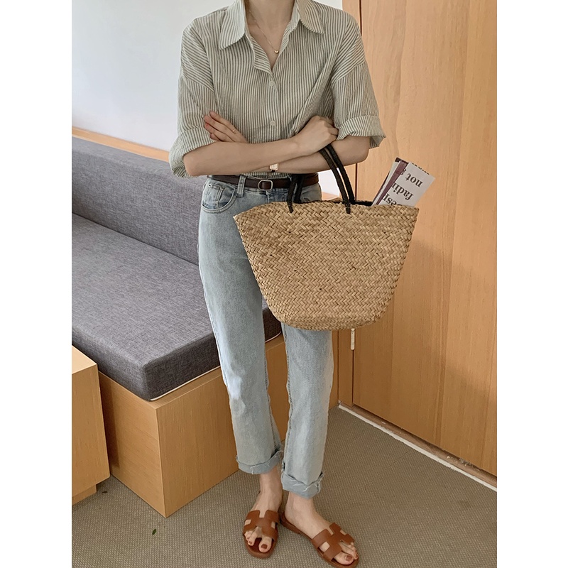 Áo Sơ Mi Ngắn Tay Họa Tiết Kẻ Sọc Phong Cách Hàn Quốc Dành Cho Nữ