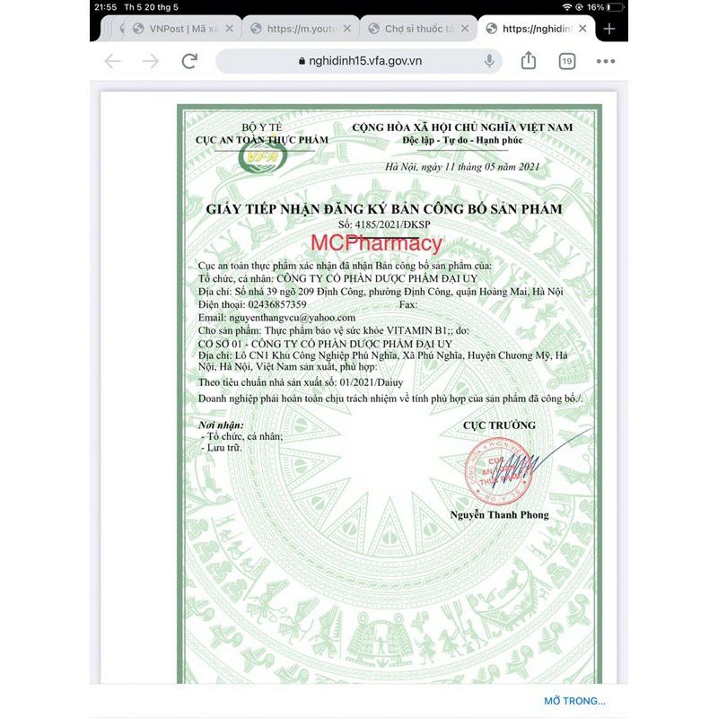 Vitamin B1.Lọ 100 viên màu xanh.Hộp 10 vỉ ×10 viên