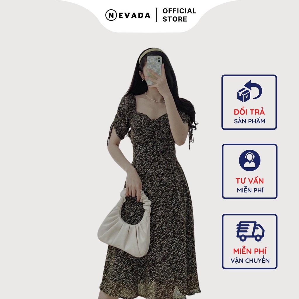 (Có ảnh thật) Áo đầm nữ, Váy đầm xoè nữ chất liệu voan hai lớp, hoạ tiết chấm bi, tay dây rút by Nevada Shop