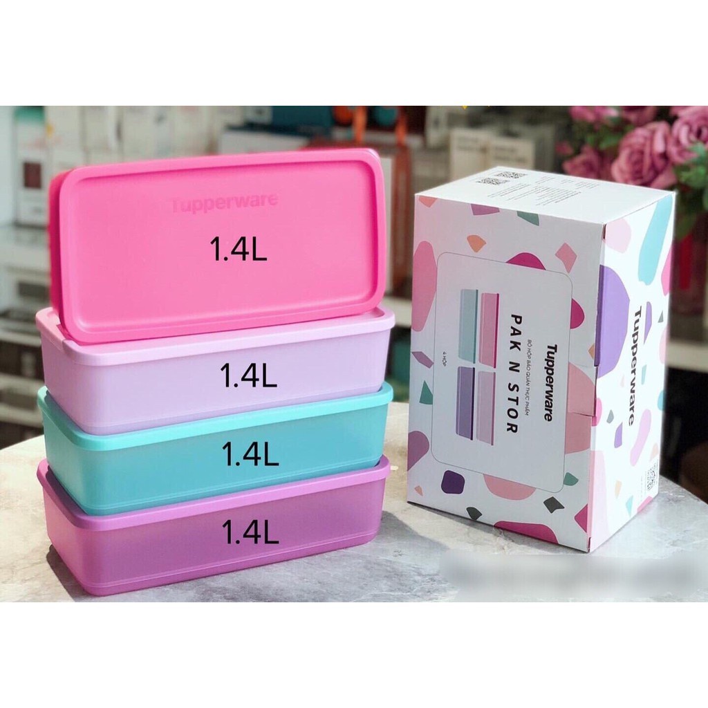 Bộ hộp trữ mát Pak N Stor Tupperware 4 hộp nhựa nguyên sinh 1.4L trữ rau củ trái cây thực phẩm