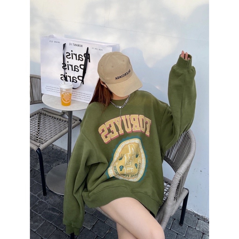 Áo Nỉ FORUYES Tay Bồng Nữ  🌸 Sweater form rộng oversize màu Xanh in hình cá tính Ulzzang 🌸