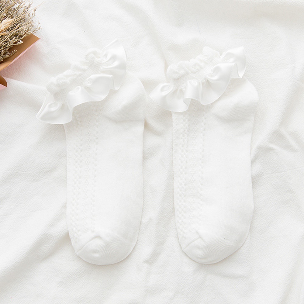 Vớ vải nylon phối bèo đính nơ họa tiết hoạt hình phong cách ngắn đáng yêu dành cho nữ