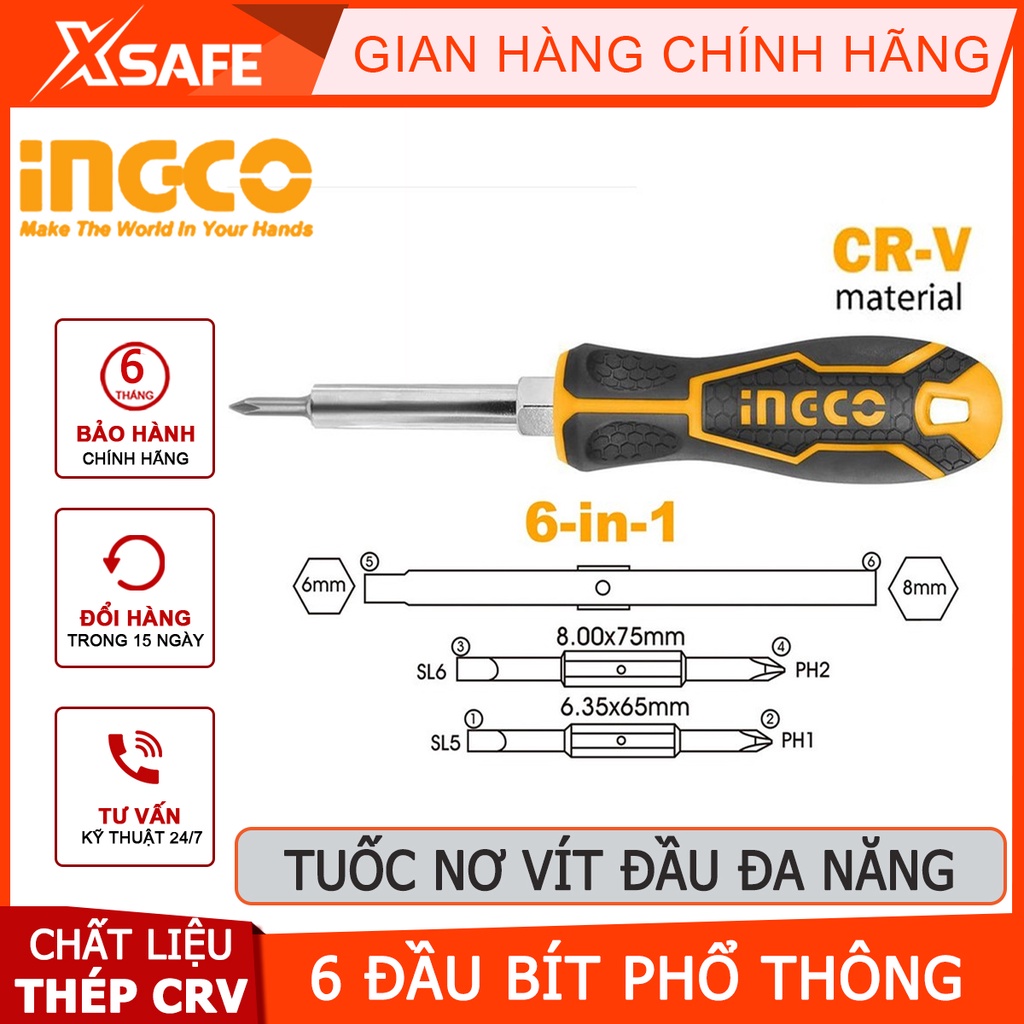 Tuốc nơ vít 6 đầu INGCO AKISD0608 Bộ tua vít 6 đầu bít phổ thông SL5, SL6, PH1, PH2, 6mm, 8mm, thân tua vít thông minh