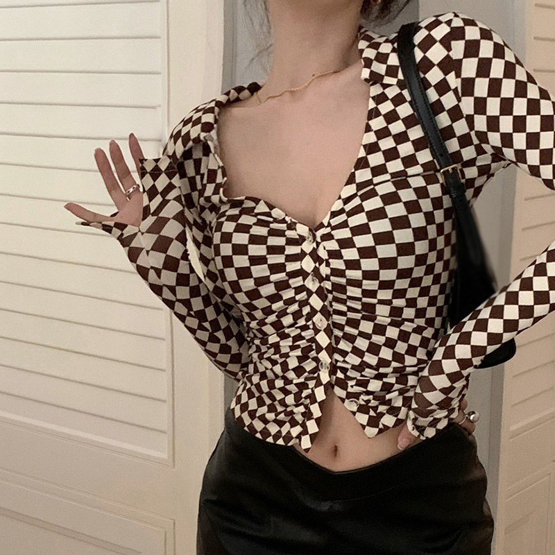 Áo Croptop Tay Dài Cổ Chữ V Họa Tiết Kẻ Sọc Thời Trang Hàn Quốc Cho Nữ