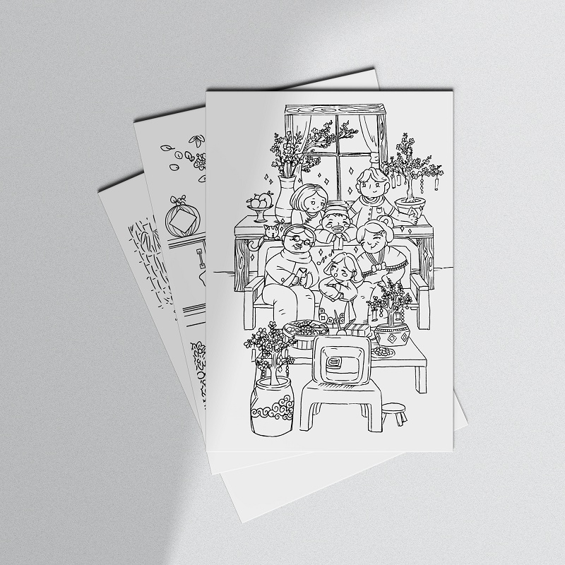 [Tranh họa sĩ] Postcard thiệp tô màu bộ 5 tranh &quot;Đón tết&quot; của Mạnh Hùng, giấy hạng họa sĩ 300gsm cold press
