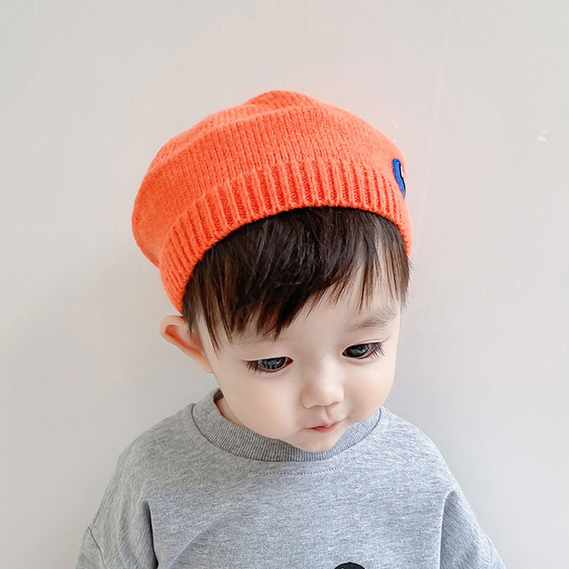 （hết hàng）Mũ Nồi Len Màu Trơn Đính Trái Tim Xinh Xắn Cho Bé