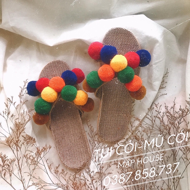 (Hình thật) Dép cói đi biển 2 quai ngang đính cục bông thổ cẩm phong cách Vintage