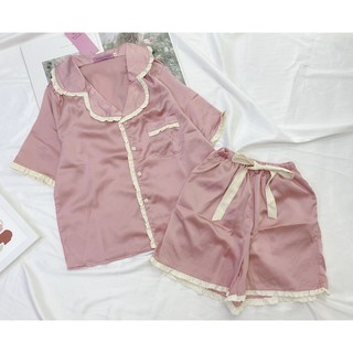 Bộ mặc nhà lụa satin cộc cổ bèo cao cấp
