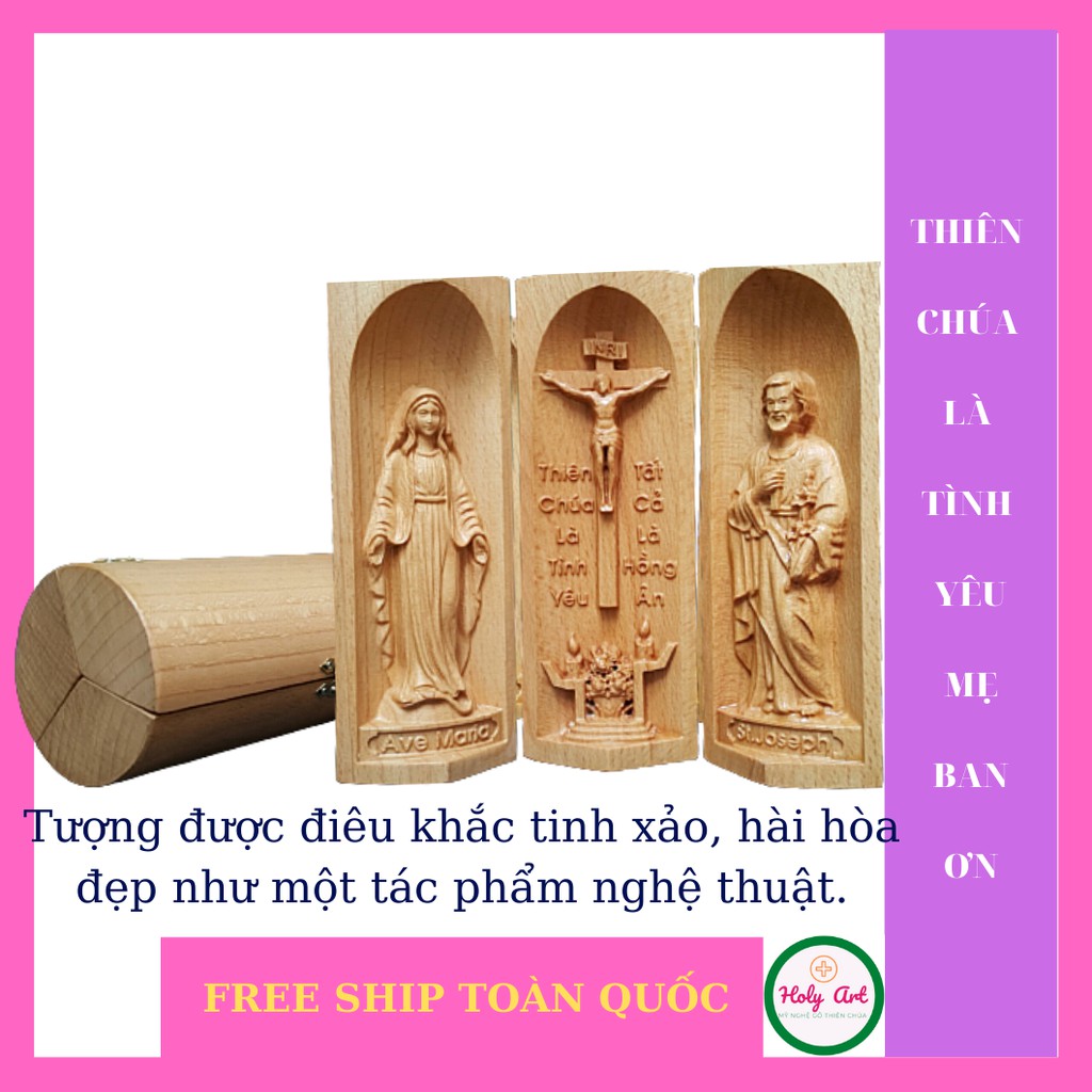 Tượng Chúa chịu nạn-Mẹ ban ơn-thánh Giuse  15x7cm bằng gỗ. Tượng quà tặng, màng theo cầu nguyện, trang trí