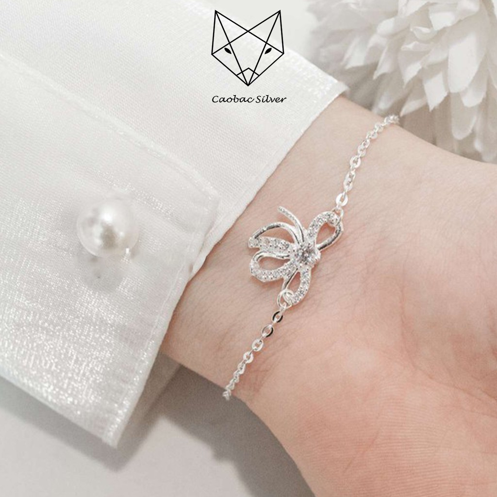 Vòng Tay Lắc Chân Bạc Caobac Silver S925 Họa Tiết Nơ Đính Đá Dây Xích Cho Nữ