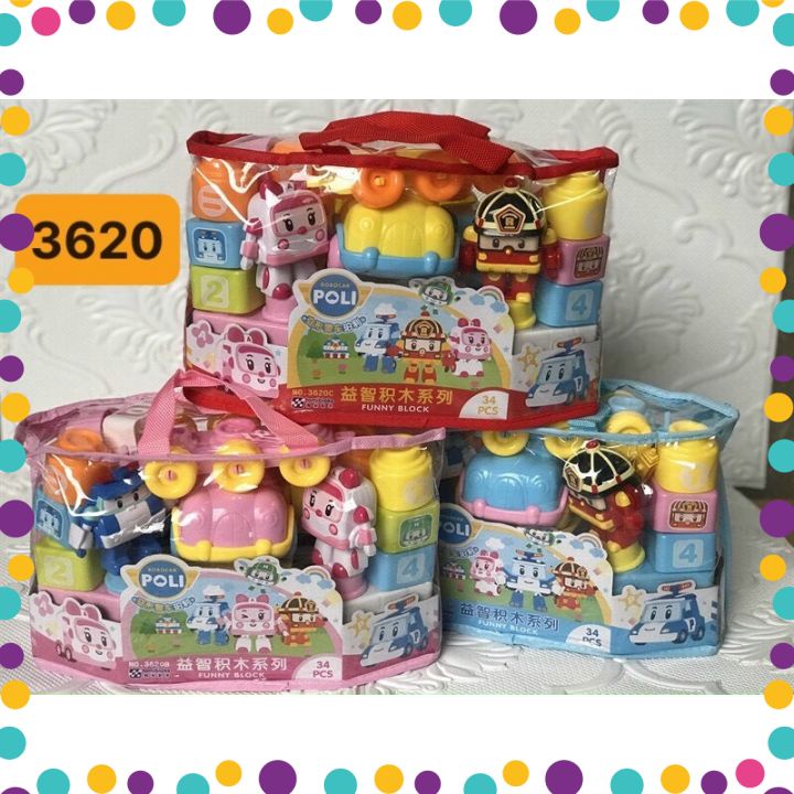 Túi Đồ Chơi Xếp Hình Robocar Poli 34Pcs #3620B Chọn Màu Ngẫu Nhiên