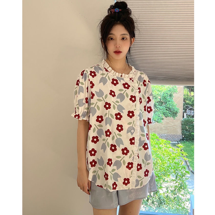 Bộ Đồ Ngủ Hai Mảnh Áo Tay Ngắn Dáng Rộng Vải Mỏng In Hoa Thời Trang Mùa Hè Cho Nữ
